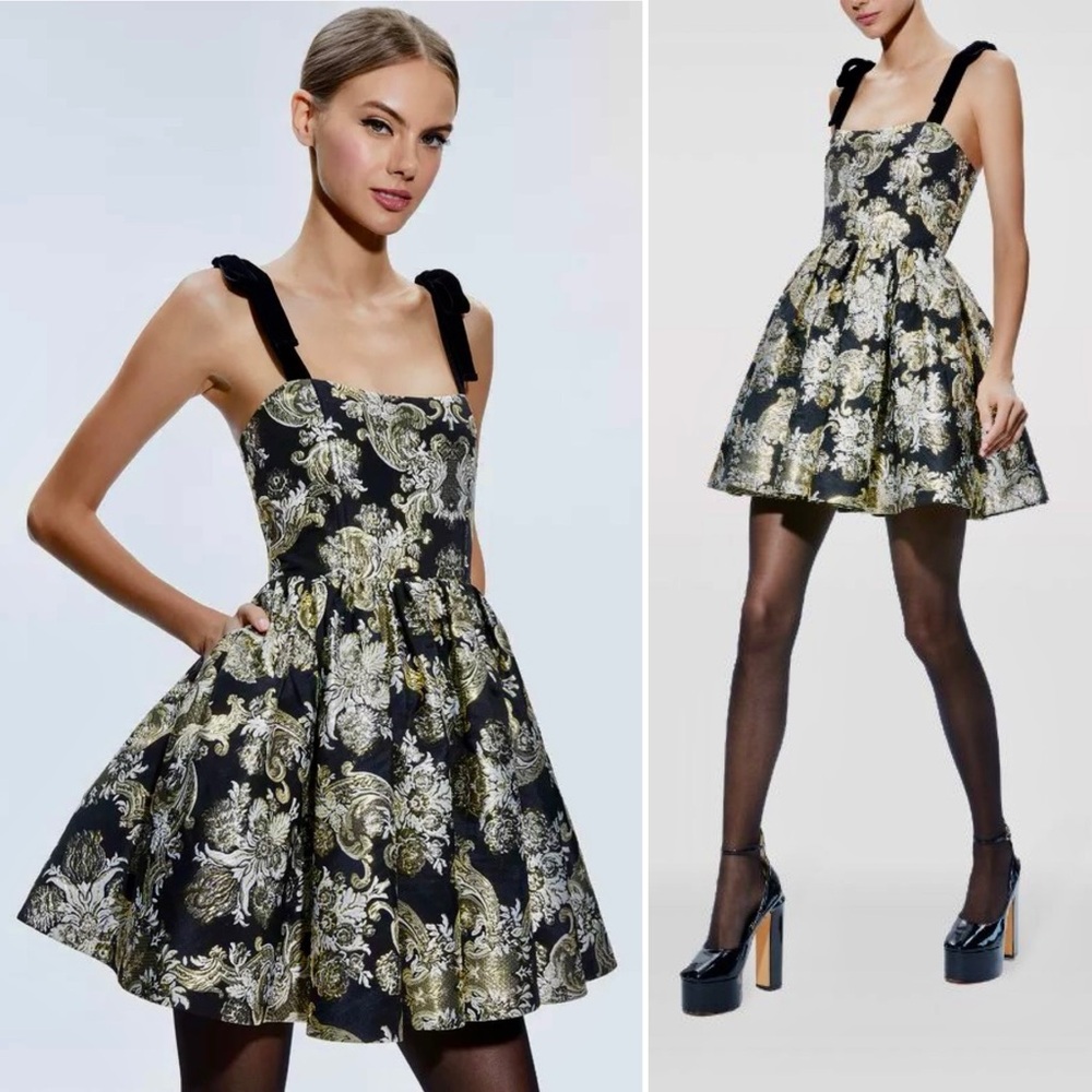 Alice + Olivia Fay Jacquard Corset Metallic Mini Dress Black Gold Silver 4 Small - Picture 12 of 14